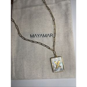 Gold X Rectangle Pendant Paperclip Necklace with Mother-of-Pearl by Mayamar